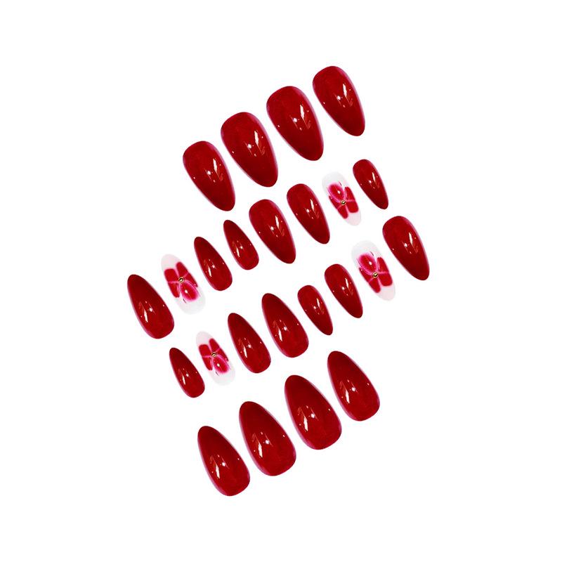 Red Glitter Pearl Flower Almond Shaped Wearable Nails