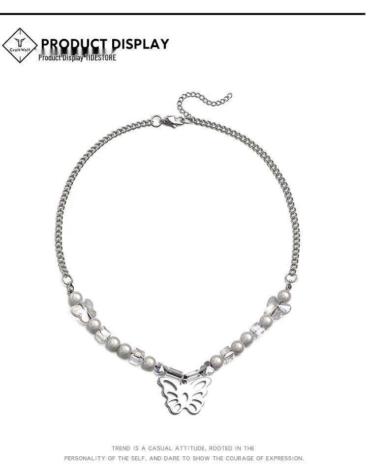 Urban Hip Hop Pearl & Crystal Reflective Stainless Steel Necklace - Titanium Clavicle Chain for Couples