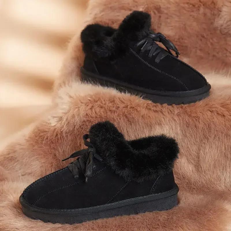 Fashion Women's Snow Boots Round Toe Suede Ankle Booties Brown Shoes for Woman Ribbons Bow Elegant with Low Heels Pu Plus Warm New Rock