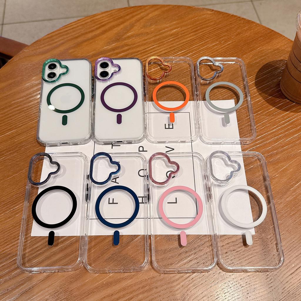 For iPhone 16 Case Compatible with MagSafe PC + TPU Clear Phone Cover with Diamond Texture Lens Frame