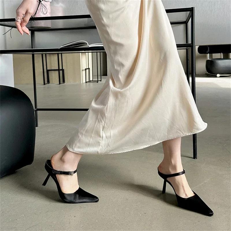 New Style Fashion Sexy Design High Heels Woman Pumps Buckle Strap Mules Slippers Pointed Toe Wedding Banquet Female Shoes