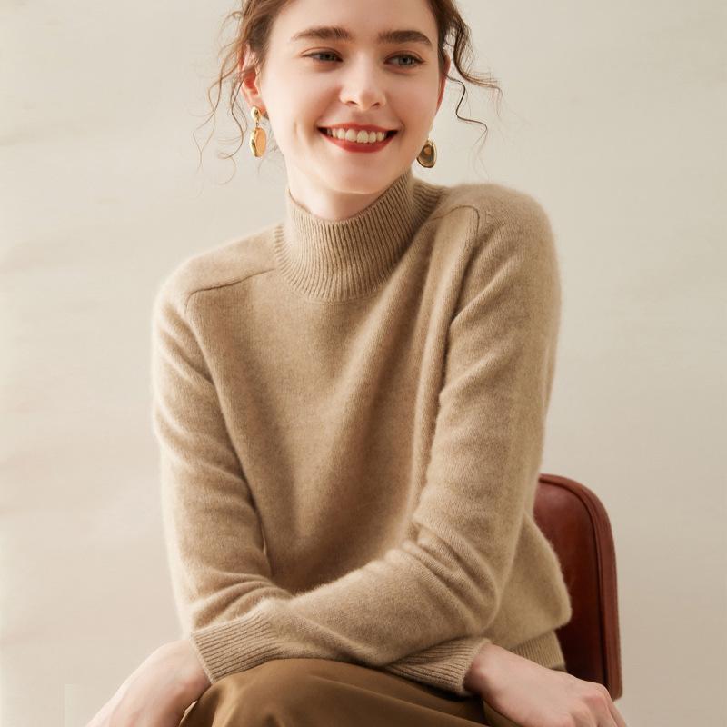 Women's Half High Neck Cashmere Sweater - Autumn/Winter Thick Solid Color Loose Fit with Saddle Shoulder Design.