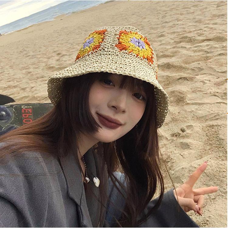 

Woven flower bucket hat Women s versatile sun hat Summer face covering Small sunscreen bucket hat Adult (56-58cm) абрикосовий