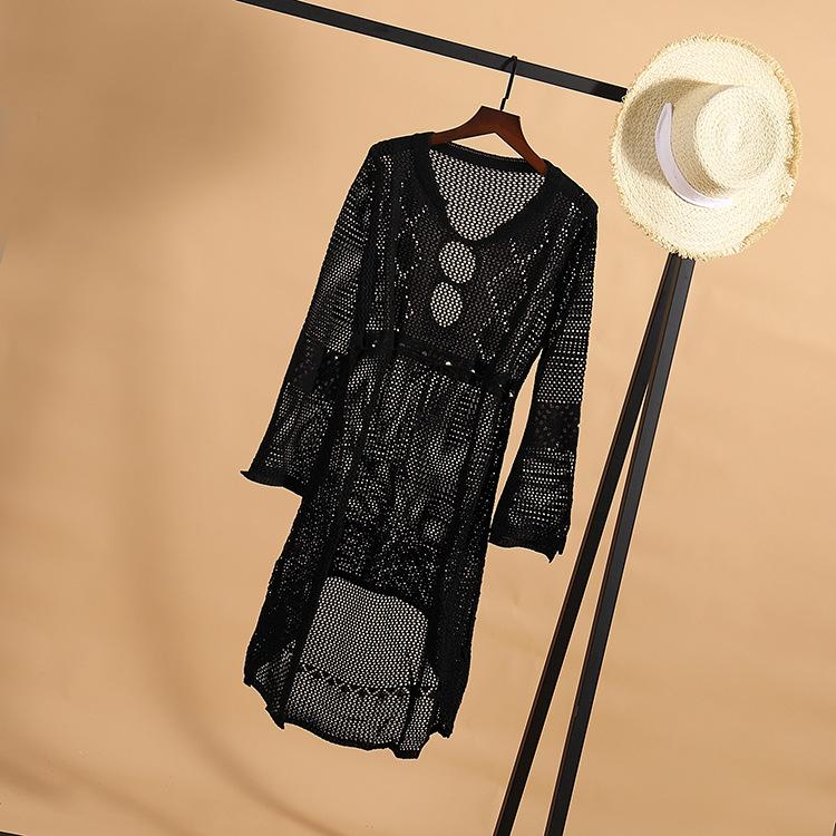 

Летнее женское открытое вязаное платье с расклешенными рукавами, пляжная куртка, сексуальное бикини, солнцезащитная одежда One Size чёрный