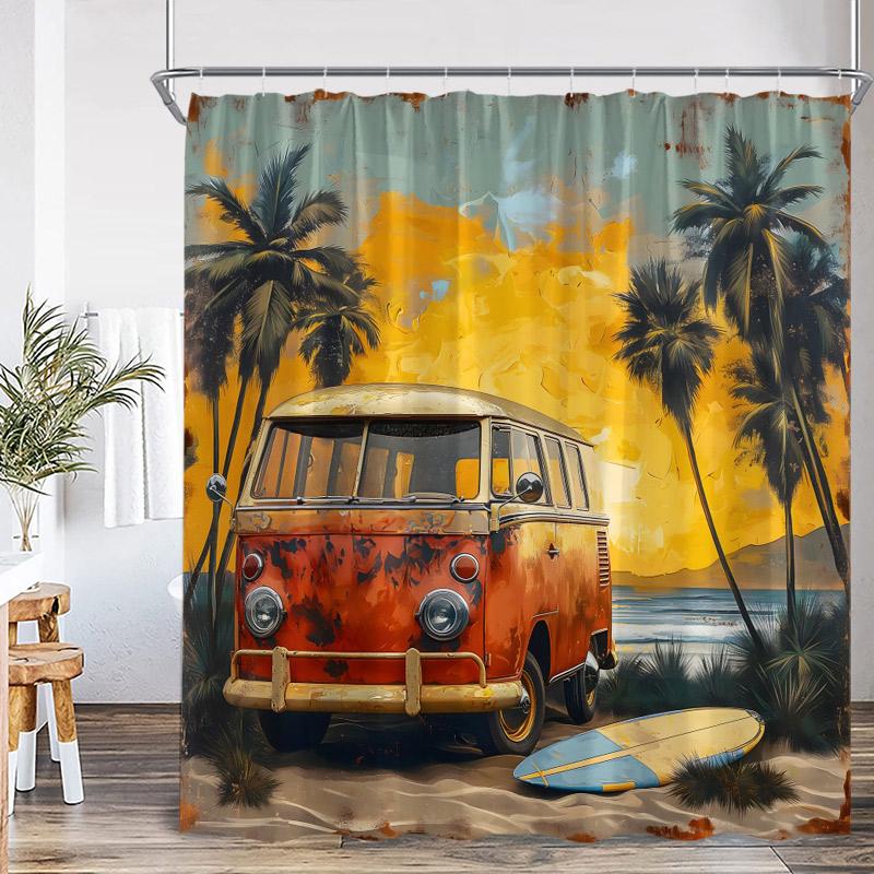 

Vintage Camping Shower Curtains Abstract Mountain Camper Forest Scenery Polyester Fabric Home Bathroom Curtain Decor with Hooks 90x180cm-35x70in