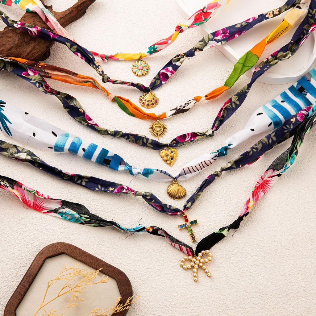 Stylish Silk Scarf Pendant Necklace - Colorful Cross Bow Design in Stainless Steel