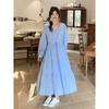 2026 Spring Blue Romantic Chic French Plaid Long Sleeve Maternity Dress