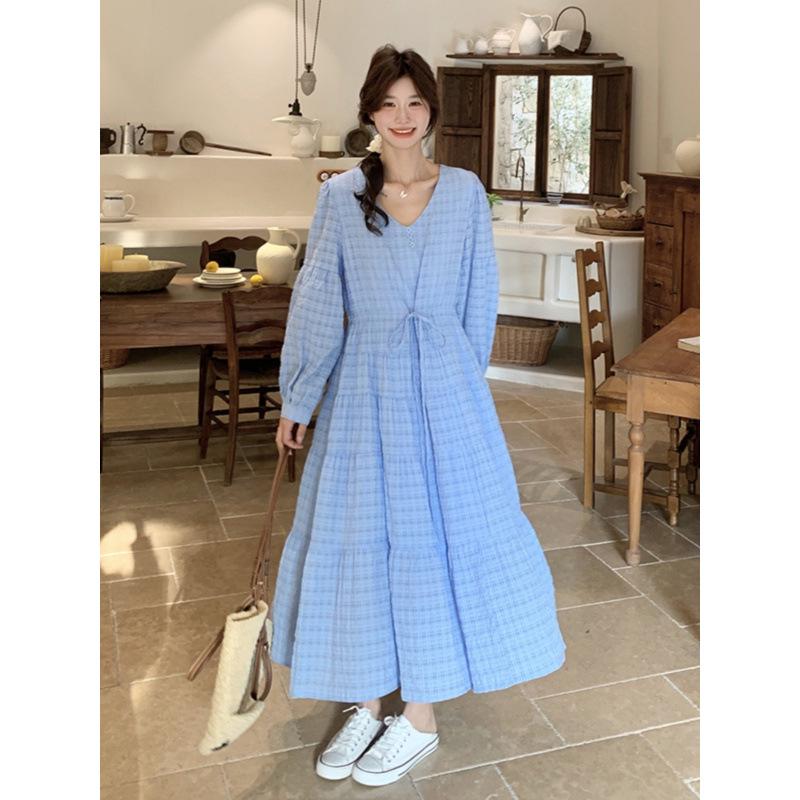 2026 Spring Blue Romantic Chic French Plaid Long Sleeve Maternity Dress