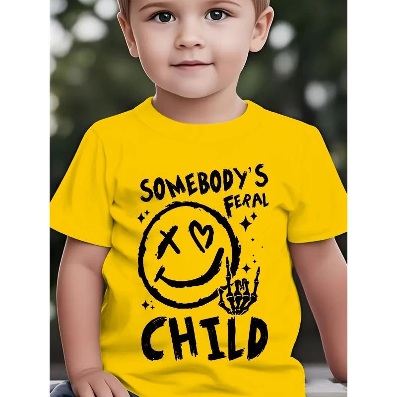 

European Size Boys Round-neck Short-sleeved T-shirt with Smiling Face Pattern Print 164cm жовтий