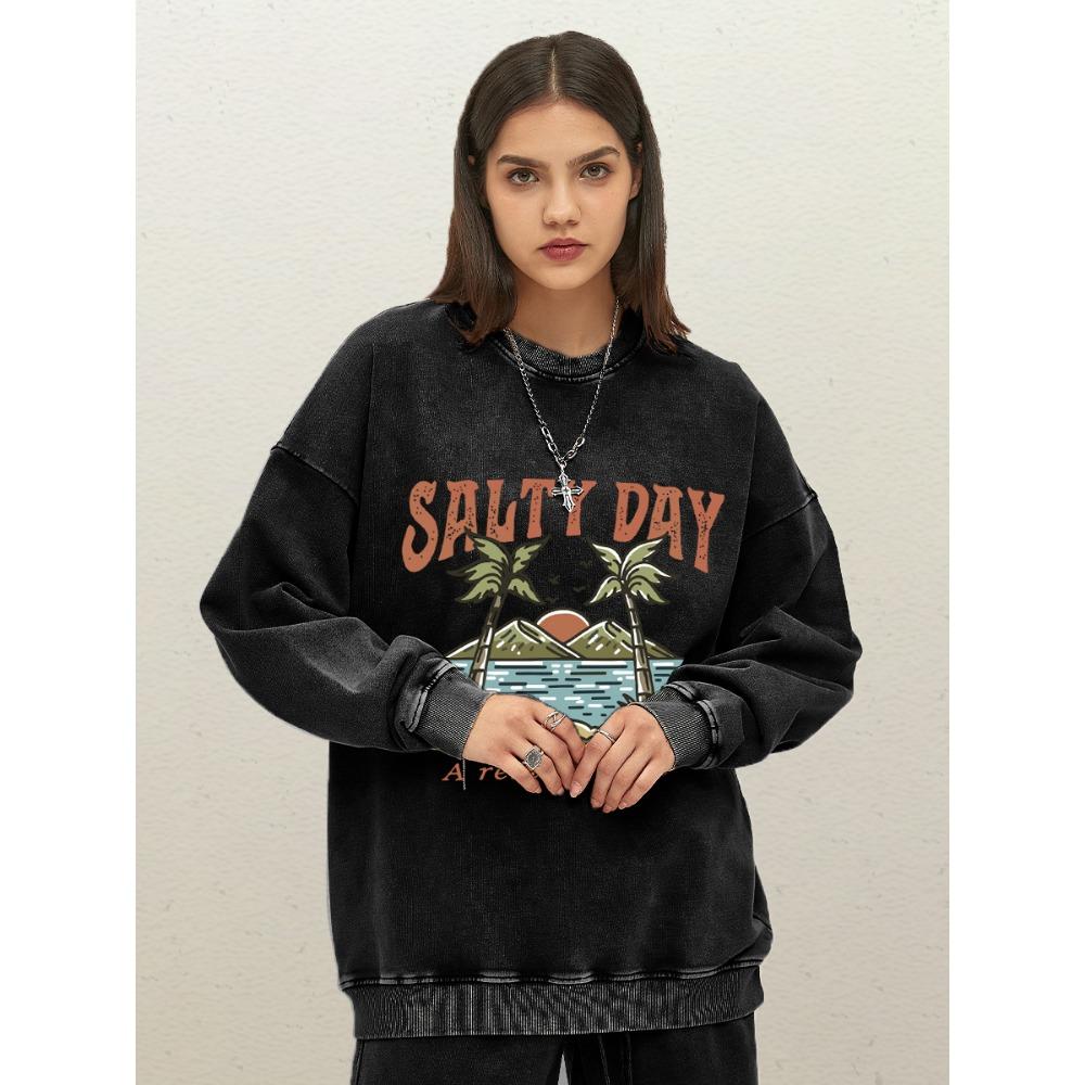 Salty Day A Relax Time Coconut Tree Beach Design Woman Washed Sweatshirt Cotton Crewneck Pullovers Autumn Oversize