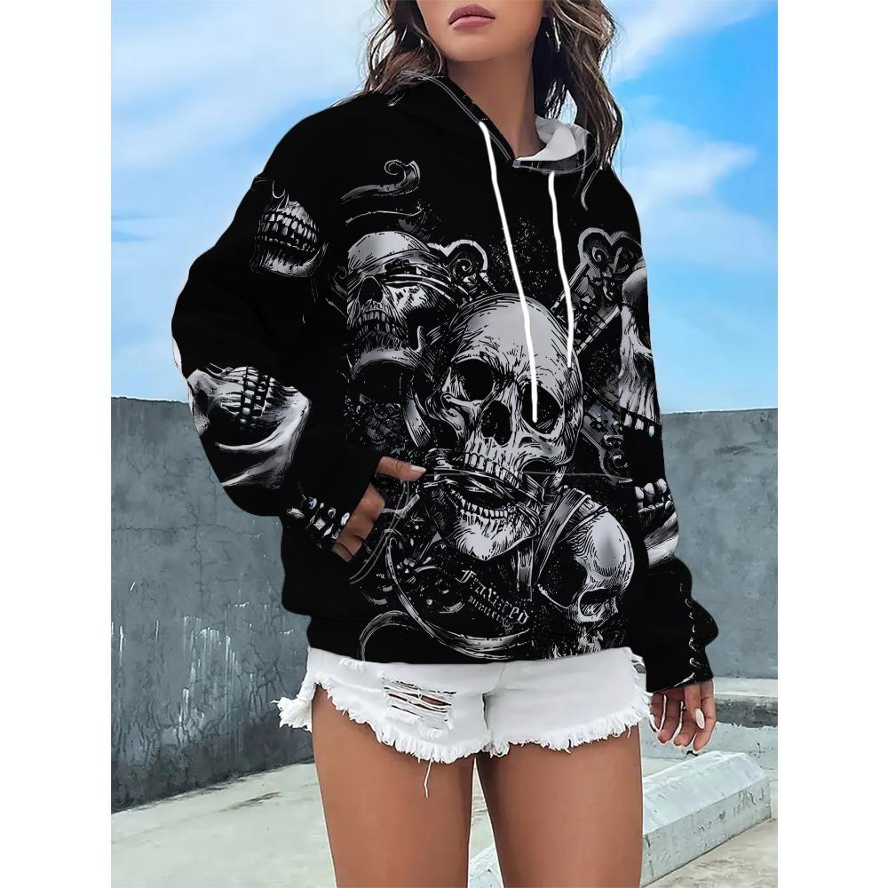 Women's Fashion Skull Print Sweatshirt, Casual Polyester Top, Street Style Long Sleeve Pullover, Casual Daily Wear