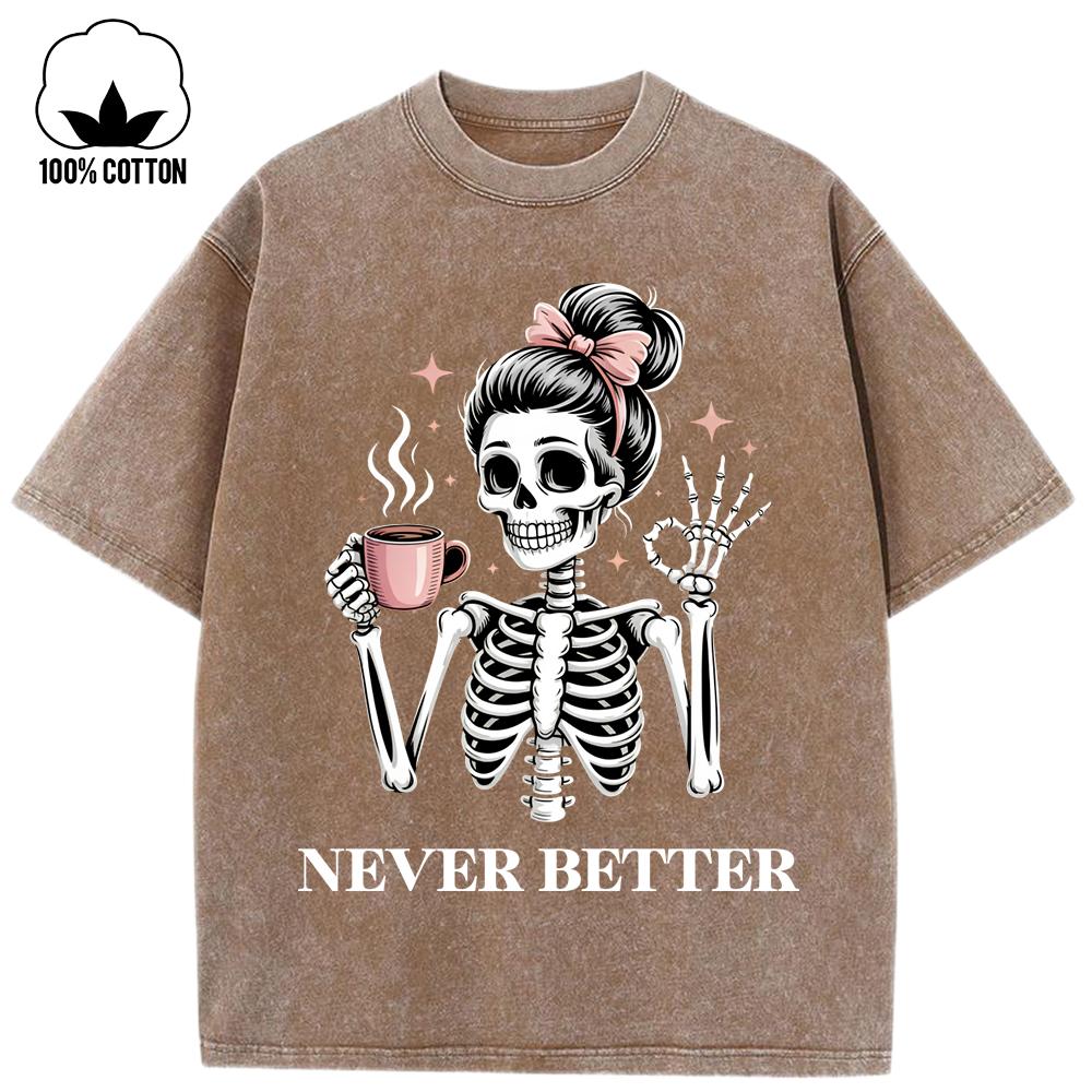 

Never Better Coffee Skulls Printed Washed Holes T-Shirt Woman Trendy Cotton Streetwear O-Neck Summer T Shirt Clothes 3XL