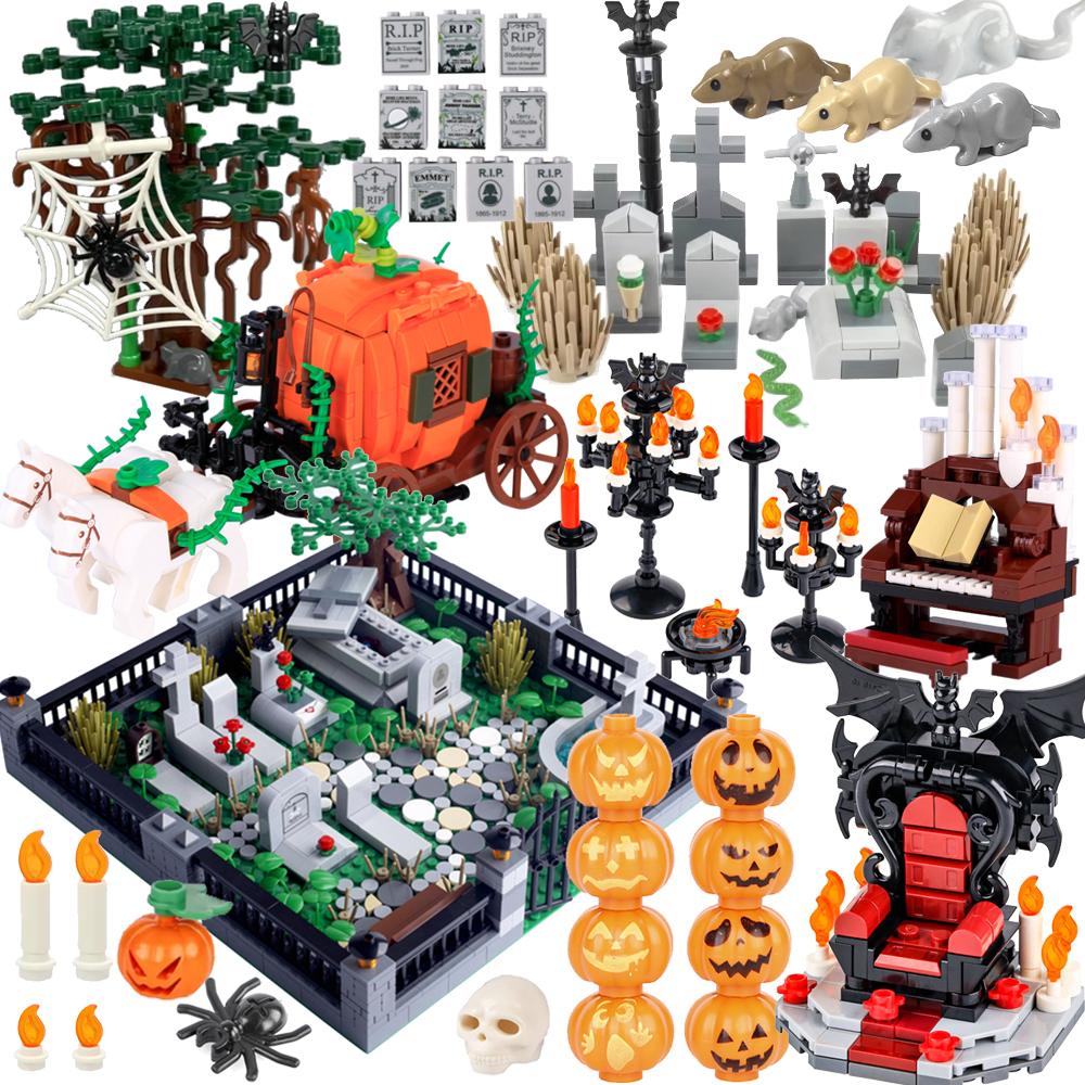 Halloween Scene Building Blocks MOC Cemetery Tombstone Mouse Pumpkin Car Vampire Throne Fireplace Bat Light Candle Toy Gift A040