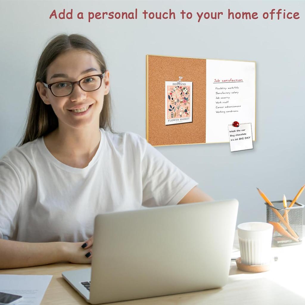 Okydoky Cork Board White Board Combo, Small Size 10.6" x 14.6" Magnetic Dry Erase Board/Bulletin Combination Board, Gold Aluminum Frame, for Home,