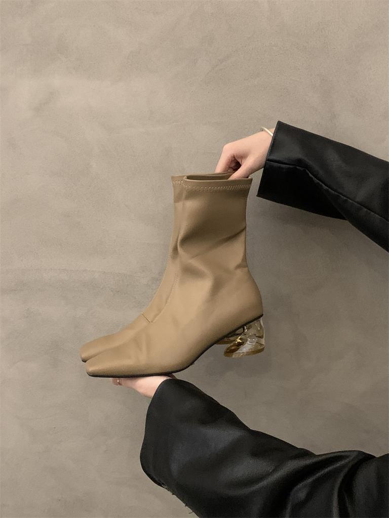 Thick heel square toe black boots women's shoes 2025 new fall and winter fleece brown skinny boots Korean small ankle boots