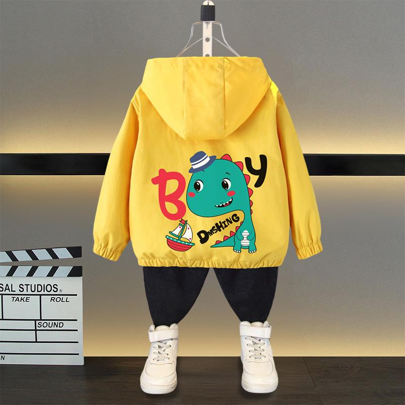 Spring and Autumn 1 2 3 4 5 6 Years Boys Coats Patchwork Cartoon Dinosaur Pattern Hooded Windbreaker Leisure Overcoat for Kids Birthday Present