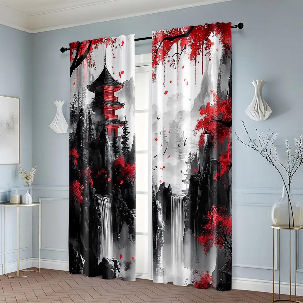 2 peças, Cortina de Janela Estampa 2D Pintura a Tinta Montanha Japonesa 100% Poliéster (sem vara) Art Déco Festivo para Sala de Estar &