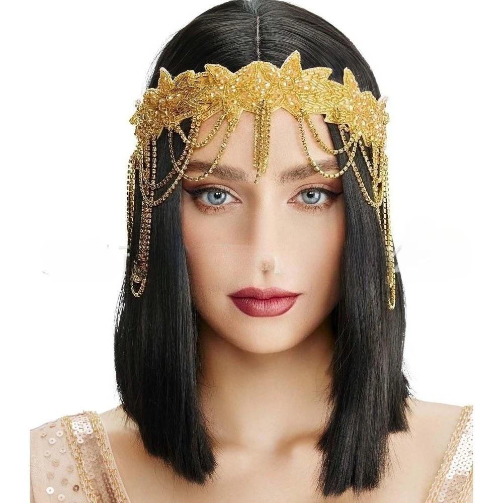 Shiny Rhinestone Headband Flower Shape Chain Tassel Flapper Headband Elegant Exquisite Masquerade Party Headwear