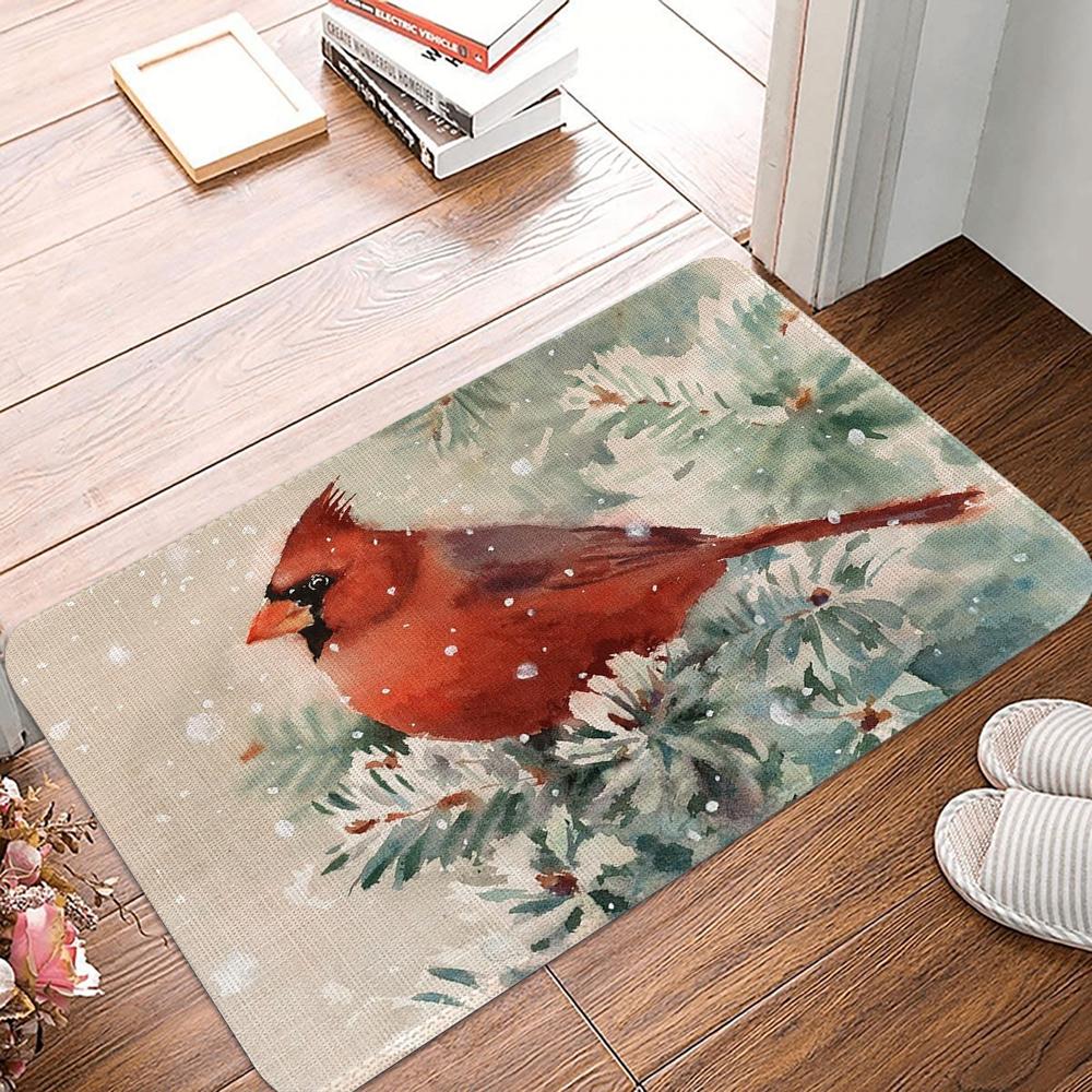 Winter Pine Cone Cardinal Birds Doormat Anti-Slip Entryway Rug Washable Bedroom Kitchen Bath Mat Polyester Home Decor Carpet