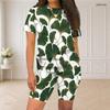 Women Plus Size Blue Rose Floral Printed Round Neck Short Sleeve Two Piece Fitted Shorts Set