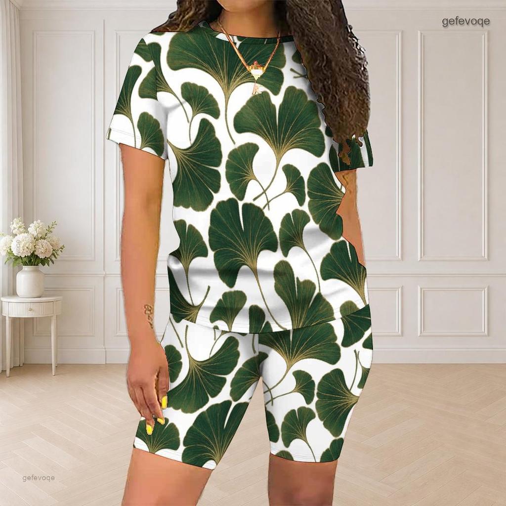 Women Plus Size Blue Rose Floral Printed Round Neck Short Sleeve Two Piece Fitted Shorts Set