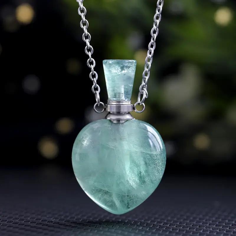 Natural Rose Quartz Crystal Heart Aromatherapy Pendant Bottle