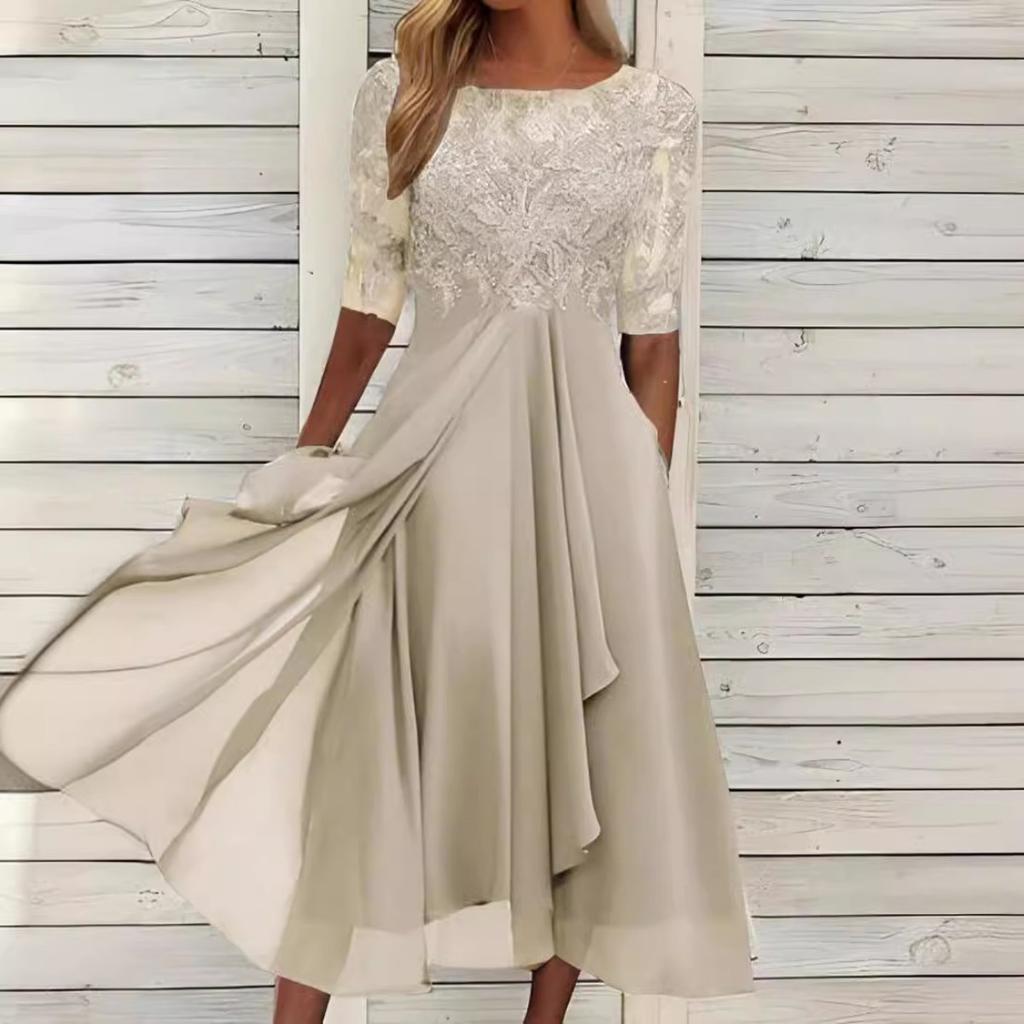 Women's Chiffon Patchwork Lace Hollow Out Long Dress Bridesmaid Evening Party Gown European Style Crossbody Dress for Formal Occasion