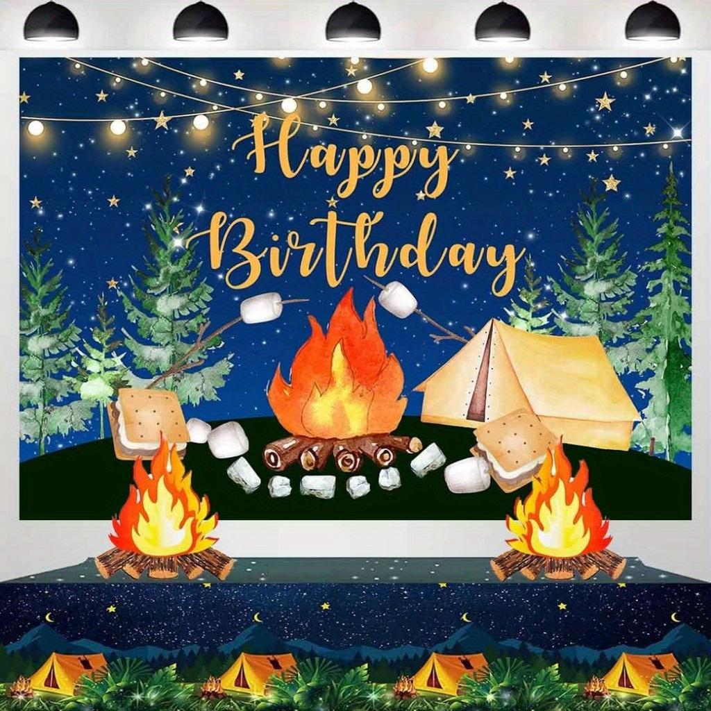 Camping birthday backdrop - Happy camper forest "Morse Barbecue" campfire party decorations, polyester background fabric