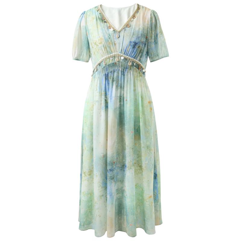 Sancai French Romantic Chiffon Print A-Line Maxi Dress S