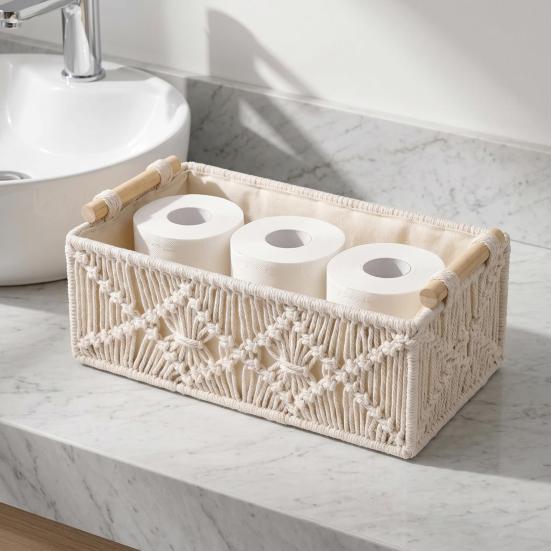 Storage Box with Wooden Handles Large Capacity Basket Woven Design Countertop Organizer for Cosmetics And Sundries