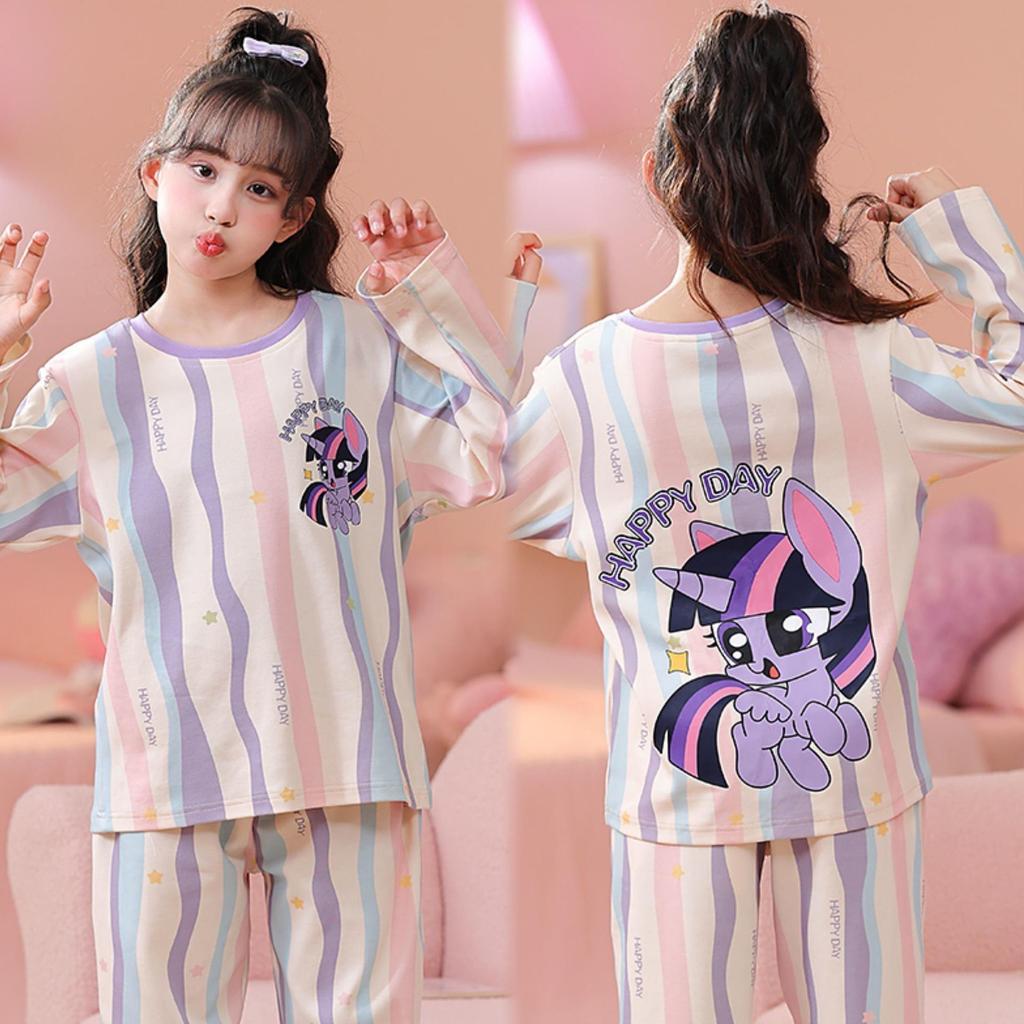 Korean-Style Girls' Pajamas: Long Sleeve, Round Neck, Princess Cartoon Design for Spring & Autumn - Medium/Large Sizes