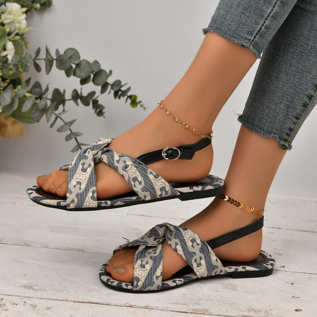 Fashion Printed Pattern Women's Flat Sandals Open Toe Beach Slippers 2024 Summer New One-line Buckle Casual Slippers Shoes for Women
