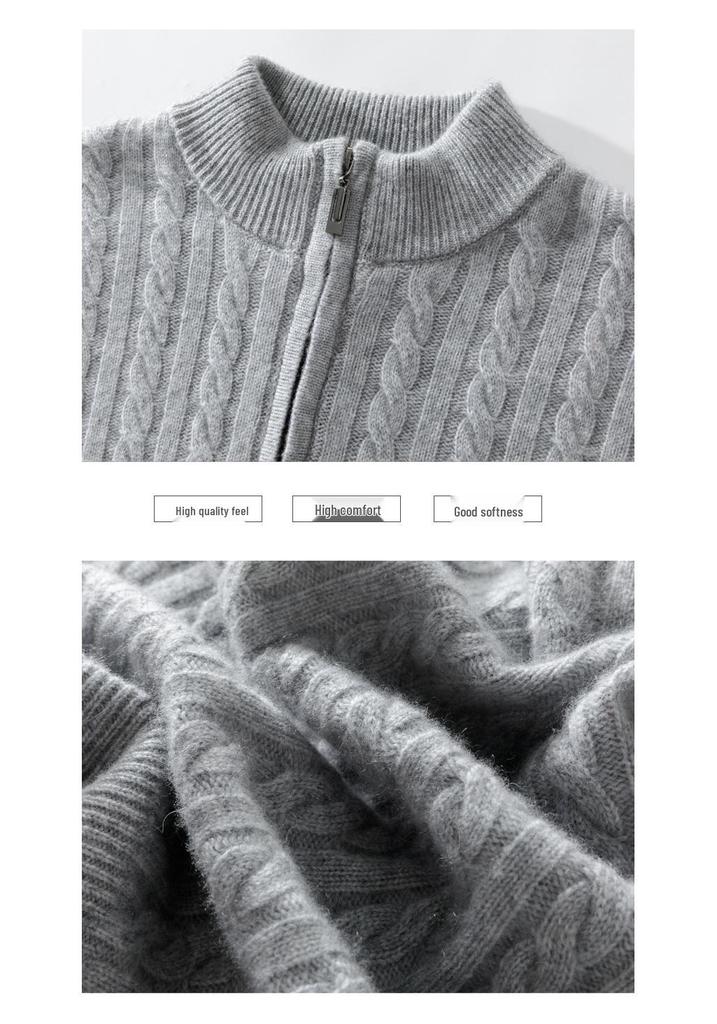 Men's 2024 Autumn/Winter Zippered Cashmere Sweater - Half-High Collar, Thick Cable Knit, Loose Plus Size