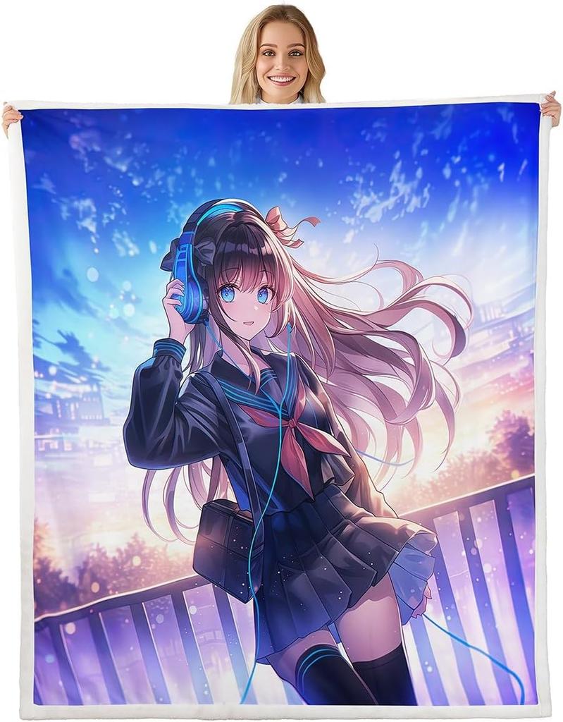 GUOYU Blanket Throw Size Japanese Anime Fleece Sherpa Blanket for Kids Anime Girl Japanese Style Throw Blanket Cartoon Japan Animation Bed