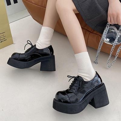 Spring Autumn Women's Chunky High Heel Single Shoes Black Platform Lace Up Pumps Elegant Round Toe Mary Jane Loafers Shoes
