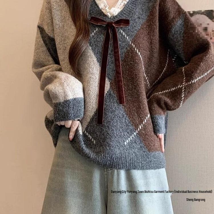Women's Wine Red Argyle Knitted Sweater with Lace Bow - 2025 Autumn/Winter Retro Collection