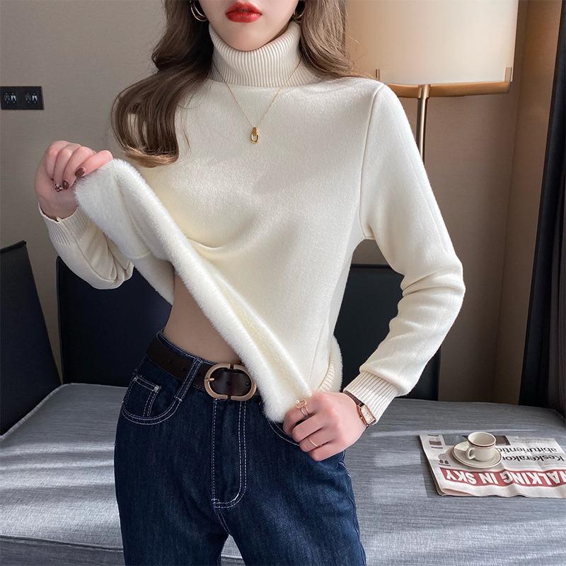 Fleece Sweater Women's Autumn and Winter Integrated Fleece Thickened Knitted Bottoming Shirt Turtleneck Pullover with Large Size Thermal Top Inside