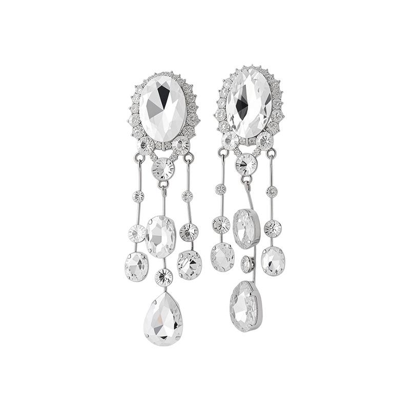 Elegant Rhinestone Oval Water Drop Tassel Clip-On Earrings