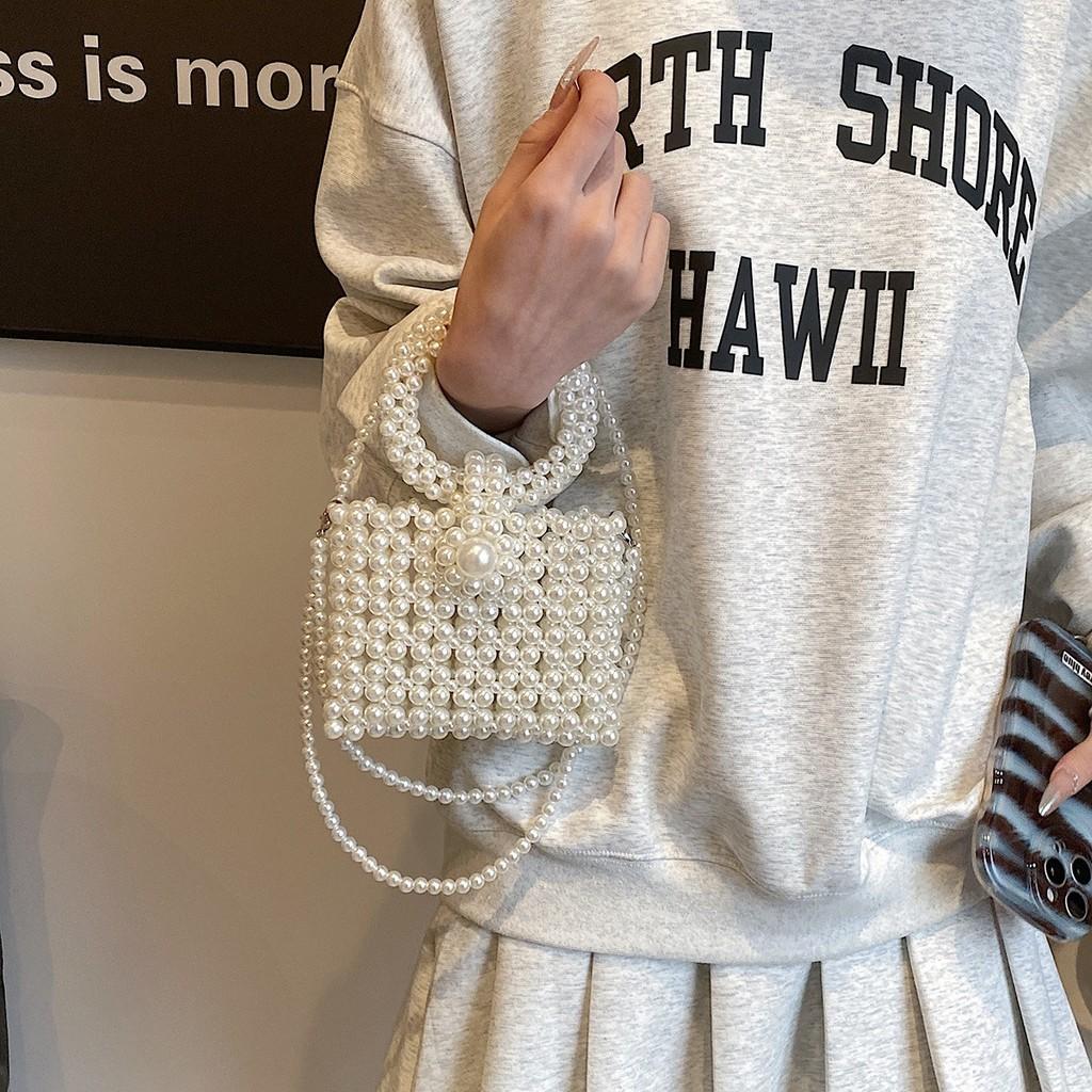 Sophisticated Lady Pearl Handbag Small Crossbody Pvc Woven Bag With Internal Card Pocket