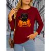 Black Cat Pumpkin Print Women's Round Neck Long Sleeve T-Shirt