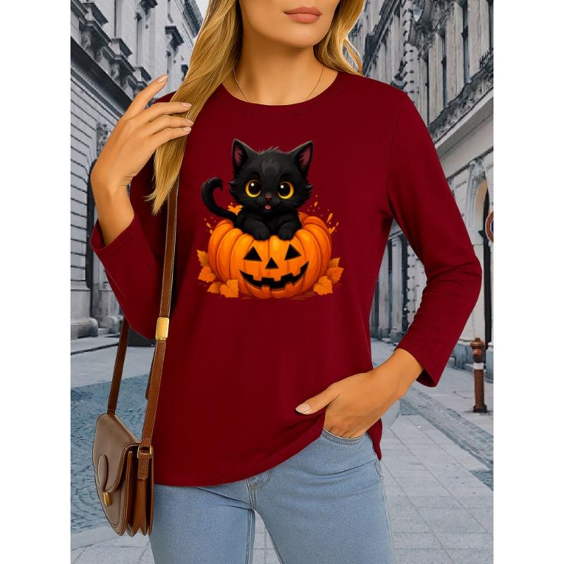 Black Cat Pumpkin Print Women's Round Neck Long Sleeve T-Shirt