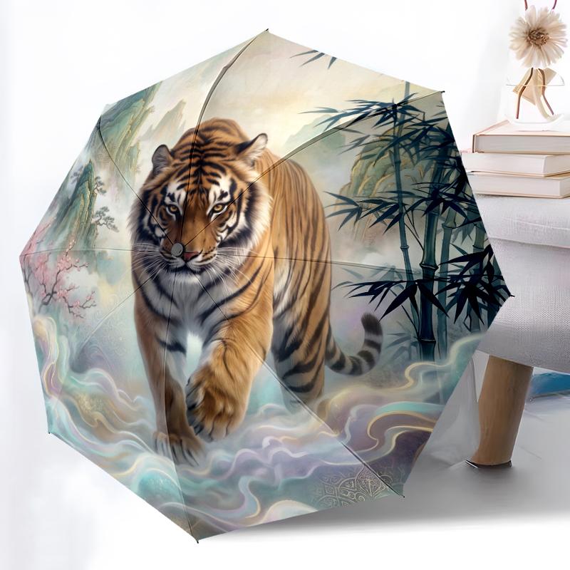 1pc Sturdy 8-Bone Auto Umbrella, Stylish Tiger Umbrella, Digital Printed, Foldable Umbrella for On-the-Go Outdoor Use