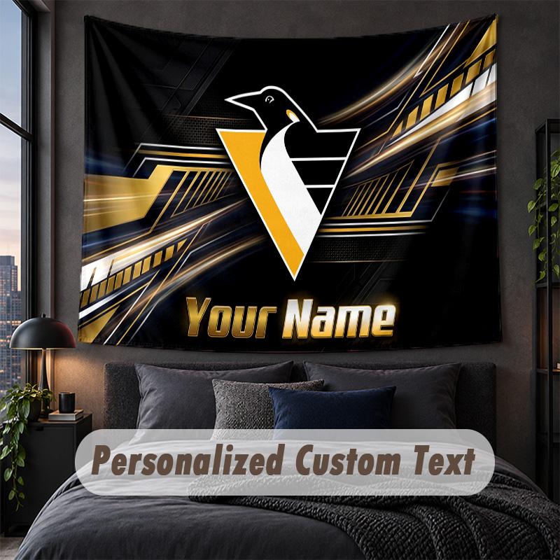 Custom Name Text Tapestry,Pittsburgh Penguins Decorative Wall Hanging, Background Tapestry For Home Bedroom