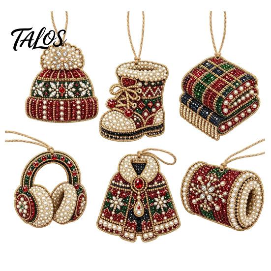 Festive Resin Rhinestone Ornaments 6 Pcs Christmas DIY Faux Pearl Painting Kit Ornaments, Art Seasonal Hanging Decor Tree Decoration with Jute