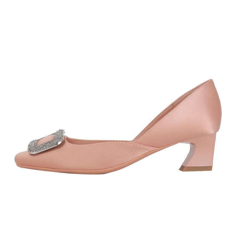 Satin Silk Square Buckle High Heels Women's Heel Thick Square Head Medium Heel Single Shoes Sheepskin Niche Design Sense Spring