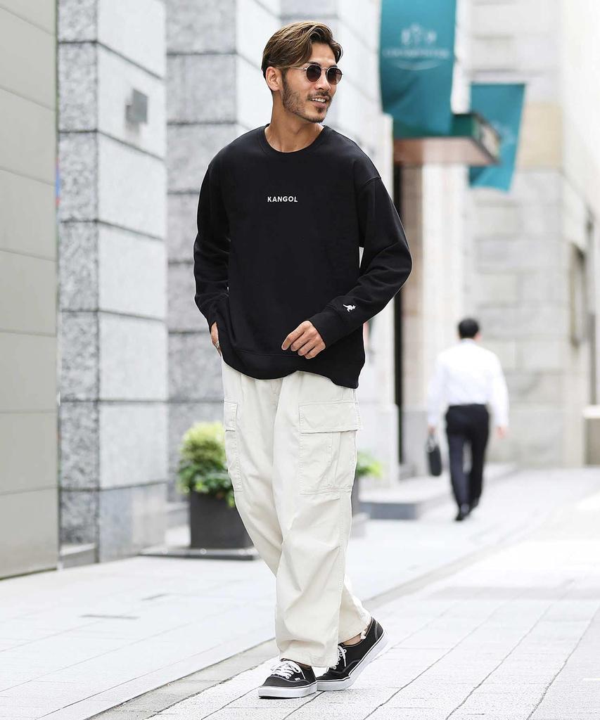 Kangol Crew Neck Size Black A Brand Logo Long Sleeve Loose Fleece Black and White Sweatshirt, L, Men's Sweatshirt, Fall, Winter, Spring, Oversized,