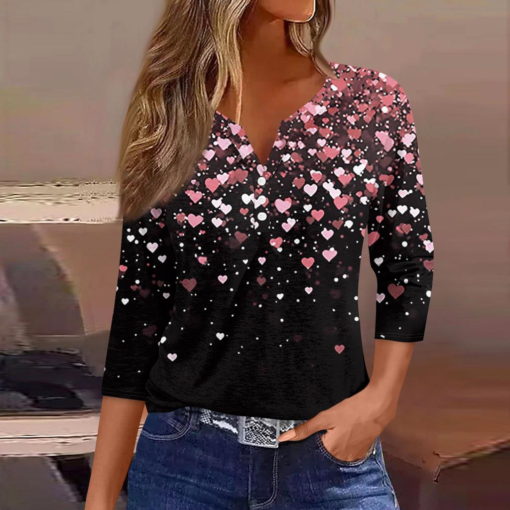 Camiseta feminina com estampa de botão, manga 3/4, moda diária de fim de semana, básica, decote em V, top regular