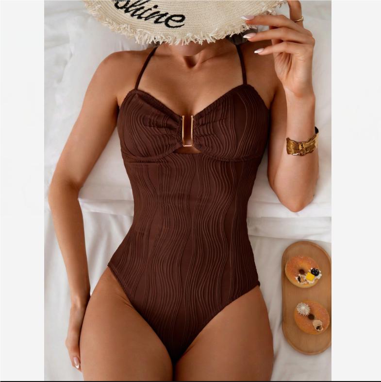 

Vintage Metal U Neck Swimwear Women Solid Beige Criss Cross Backless Tummy Control One Piece Swimsuit Beach Bathing Suits XS вина червоного кольору