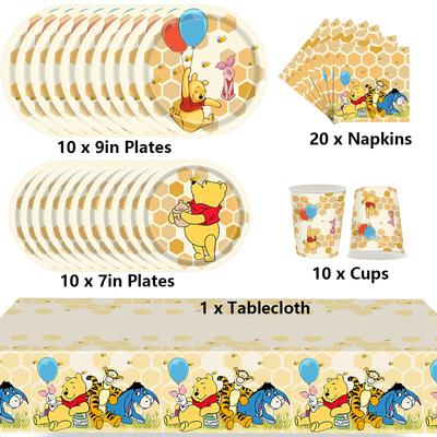 51 pièces Vaisselle de Fête Winnie l'Ourson Incluent Assiette, Serviette, Nappe, Gobelet
