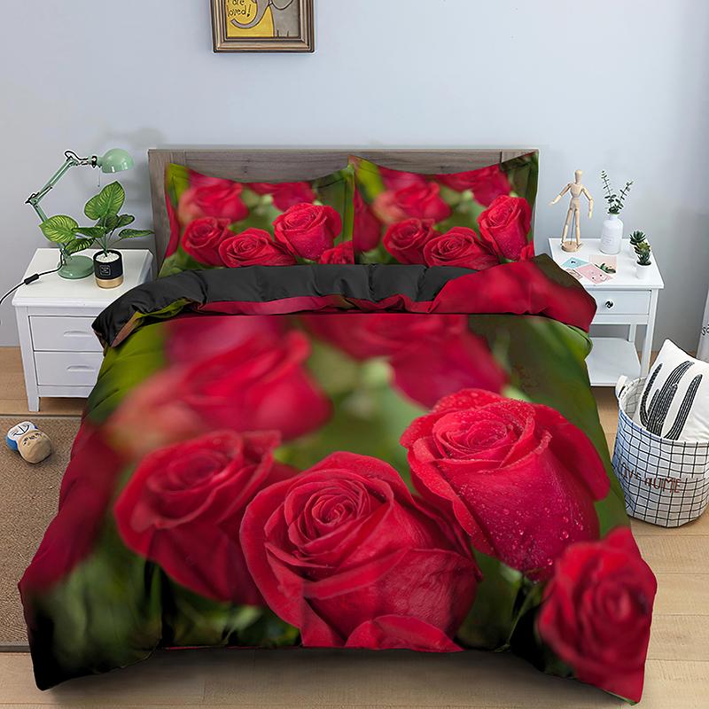 Red Rose Duvet Cover Set 3D Print Romantic Theme Valentine's Day Gift Polyester Comforter Cover with Pillowcase King Queen Size